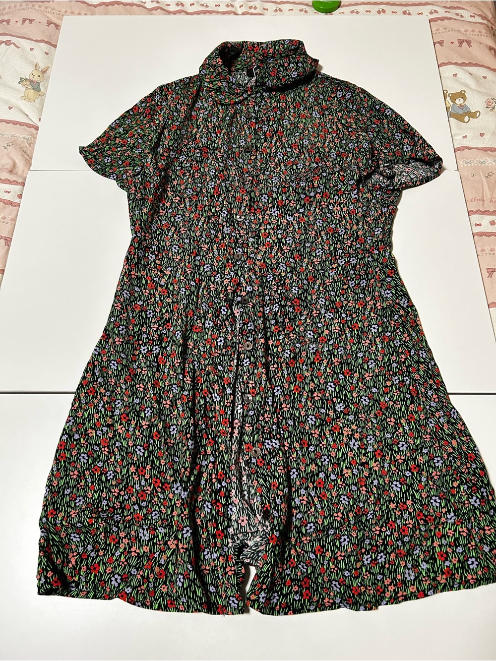 Olivaceous Black Midi Dress with Red & Green Floral Print